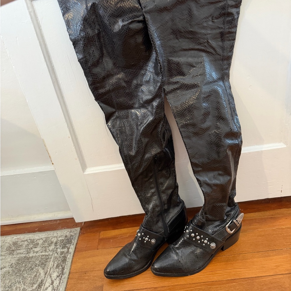 Over-the-Knee Black Studded Leather-Look Boots